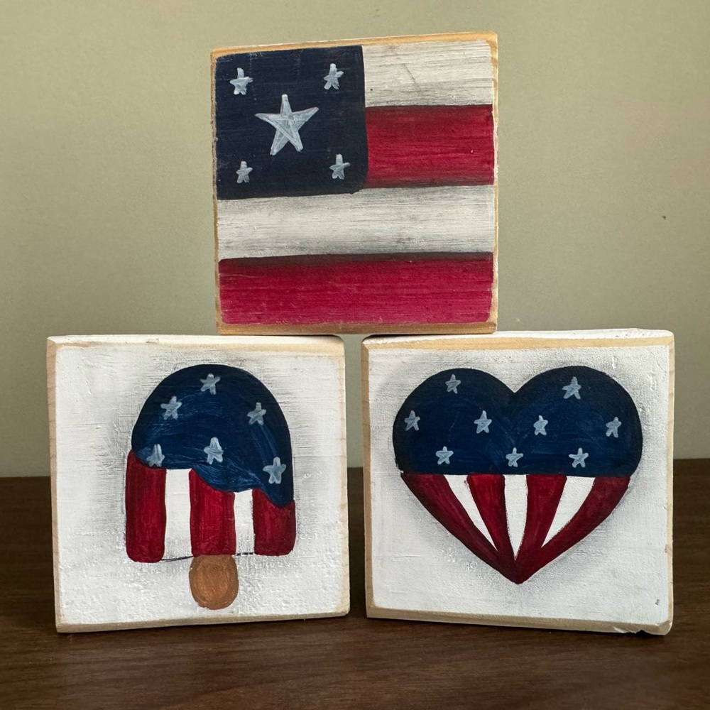Set of three patriotic American flag themed paintings, rustic farmhouse decor